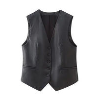 Chic Faux Leather Sleeveless Vest Waistcoat Button Front Women's
