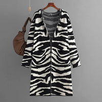 Zebra Pattern Open Stitch Women Cardigans Long Knit Female Outerwear Women Hooded Cardigans With Pocket Autumn Winter Coat One Size
