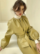 Elegant Designer Chic Faux Leather Coat Jacket Tie Belt Autumn Winter Women’s