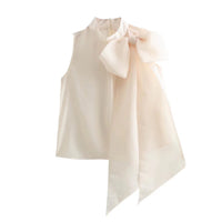 Sleeveless Crop Top Women Bowknot Semi Transparent Blouses Woman Ruched High Neck Elegant And Youth Women'S Blouses S-L