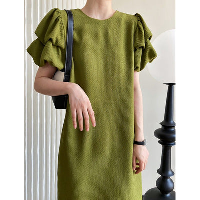 Puff Sleeves Women Dresses Round Neck Solid Straight Casual Dresses