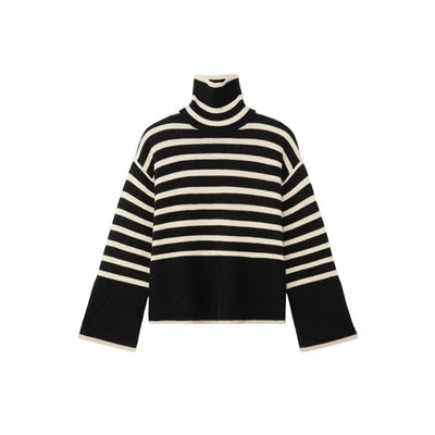 Versatile Knitting Turtleneck Striped Pullover Sweater