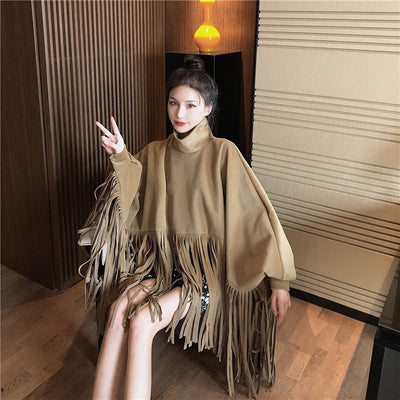 Fashion Streetwear Batwing Sleeve Faux Mink Cashmere Tassel Cloak Coat