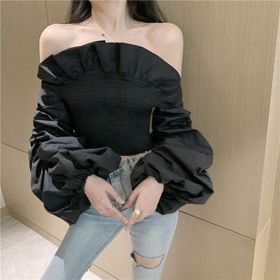 Shoulder Crop Top Blouse Strecth Long Sleeve Ruched Ruffles Slim Short Shirt